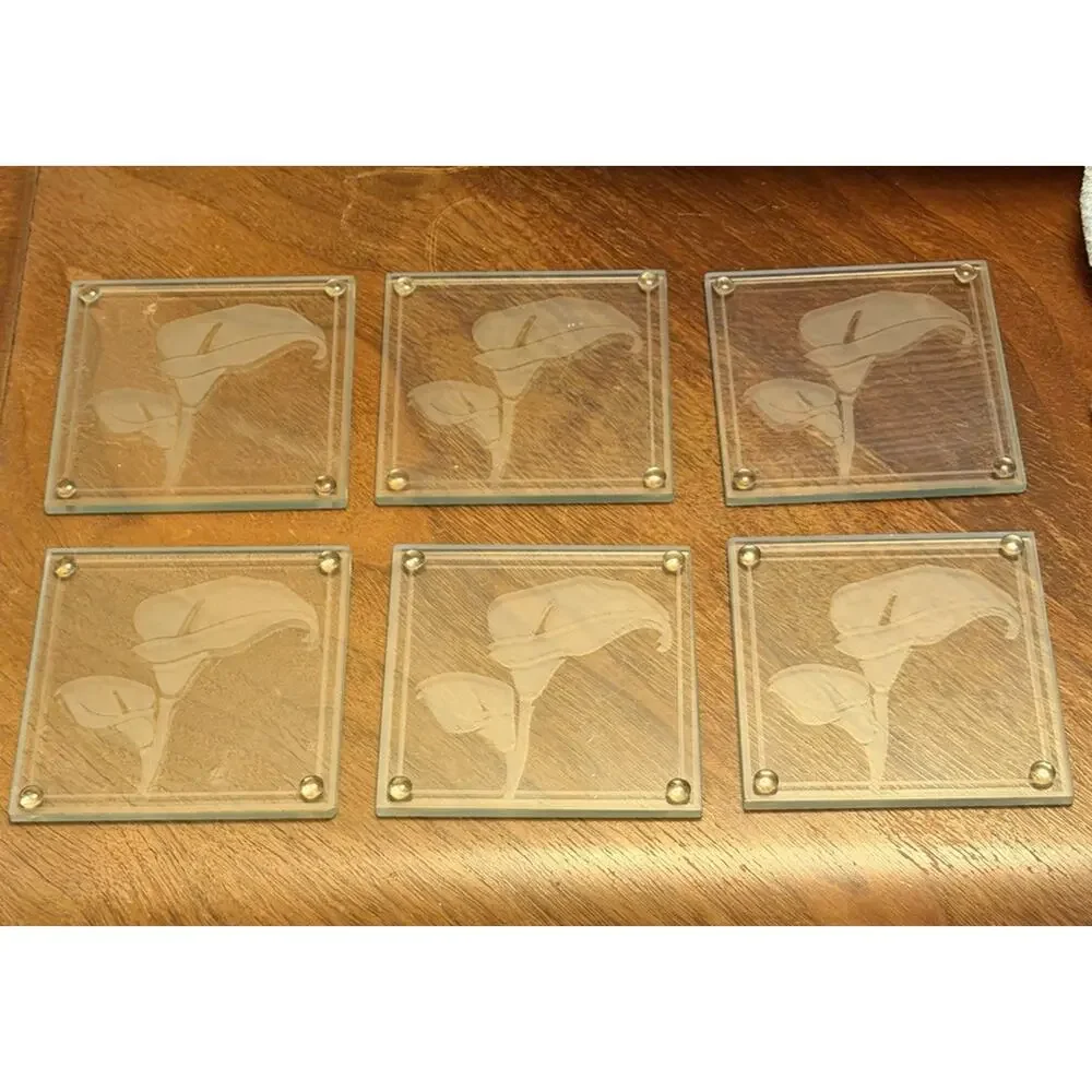 COASTERS Kate Aspen Art Deco SET of 6 Calla Lilies Flower Frosted Glass 3533-65